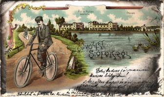 1899 Siófok, Sió és Hullám szálloda, étterem, férfi kerékpáron. Salamon Adolf Art Nouveau, floral, litho (kis szakadások / small tears)
