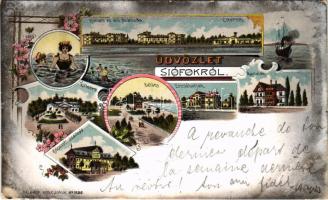 1900 Siófok, Hullám és Sió szálloda, étterem, Maria lak, Erzsébetlak, Központi szálloda, fürdőző hölgyek. Salamon Adolf, Art Nouveau, floral, litho (EK)