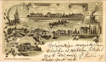 1899 Siófok, Hullám, Központi és Sió szálloda, étterem, Mária és Erzsébet lak, sétány este holdfényben. Schwidernoch Károly 3084. sz. Floral, Art Nouveau, litho (apró szakadások / tiny tears)