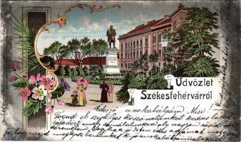 1899 Székesfehérvár, Vörösmarty Mihály szobor. Kiadja Kaufman F. 9. sz. Art Nouveau, floral, litho (apró szakadások / tiny tears)