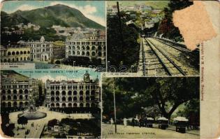 Hong Kong, Hongkong; H.K. Bank &amp; Prince's Building, Chater Road and Queen's statue, Peak Tramway, railway, train station. M. Sternberg (surface damage)