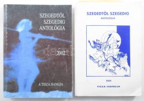 Szegedtől Szegedig Antológia. Tisza hangja. 2000+2002. Főszerk.: Simai Mihály. A 2000-es antológia, Tritz Árpád, Vangel Edit, Turi Tímea és Takács Tibor, és egy azonosítatlan személy által DEDIKÁLT példány! Szeged, 2000-2002, Bába és Társai Kft - Szegedi Írók Társasága. Kiadói papírkötések, az egyik hátsó borítója foltos, a másik kissé kopott.