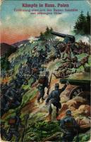 1916 Kämpfe in Russ.-Polen. Erstürmung einer von den Russen besetzten und befestigten Höhe / WWI Austro-Hungarian K.u.K. military art postcard, battles in Russian Poland. L&amp;P. 1841. + "K.u.K. Infanterieregiment No. 38. 4/XVHI Marschkompagnie" " Tábori postahivatal 60" (kopott sarkak / worn corners)