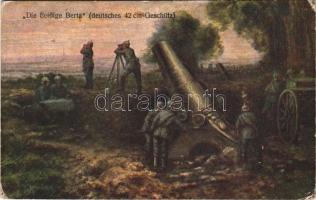 1916 A "szorgalmas Berta" útban Párizs felé (a 42-es páncélzúzó a világháború meglepetése) / Die "fleißige Berta" (deutsches 42 cm-Geschütz) / WWI German military art postcard, artillery, mortar (EK) + "K.u.K. Infanterieregiment No. 38. 4/XVHI Marschkompagnie" " Tábori postahivatal 60" (kopott sarkak / worn corners)