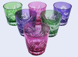 Színesen pácolt vadászmotívumos kristály pohár szett, 6 darab, hibátlan, m: 8,5 cm