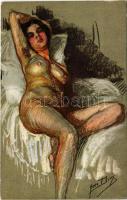 Erotikus meztelen hölgy művészlap / erotic nude lady art postcard. Lassitude s: Yves Diey (EK)