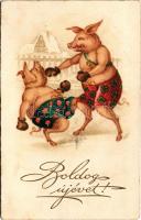 Boldog Újévet! Malacok bokszolnak / New Year greeting art postcard, boxing pigs. Emb. litho (lyuk / pinhole)