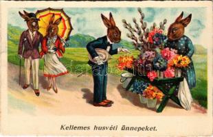 1940 Kellemes Húsvéti Ünnepeket! Nyulas művészlap / Easter greeting art postcard with rabbits 7877. litho (EB)