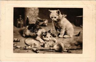 1917 Macskák festőecsetekkel / cats with paintbrushes. W.B.B. &amp; Co. Serie Nr. 2743.