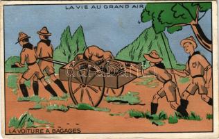 La Vie au Grand Air, la Voiture a Bagages. F. Bouchet / francia cserkész művészlap / French boy scout art postcard (gyűrődések / creases)