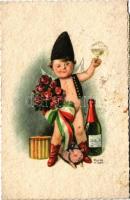 1949 Boldog Újévet! Kisfiú nemzetiszínű szalaggal, malaccal és pezsgővel / New Year greeting art postcard with Hungarian boy, pig and champagne s: Pólya Tibor (EK)