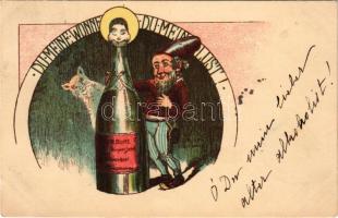 1898 Boldog Újévet! Törpe pezsgővel és fehér macskával (?) / New Year greeting art postcard with dwarf, champagne and white cat (Rb)