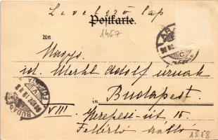 1898 Boldog Újévet! Törpe pezsgővel és fehér macskával (?) / New Year greeting art postcard with dwa...