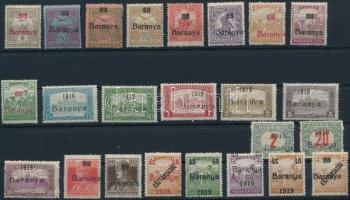 Baranya I. 1919 24 klf bélyeg Bodor vizsgálójellel, közte elcsúszott felülnyomások, lemezhibák (min 12.150)