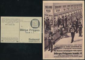 cca 1934 Dörge Frigyes Bank R.T. osztálysorsjáték reklámnyomtatványok, 2 db