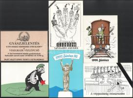 6 db rendszerváltáskori politikai képeslap, közte a visegrádi vízlépcső "gyászjelentése"