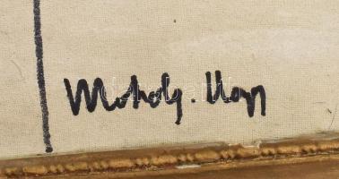 Moholy Nagy (?) jelzéssel: Geometria. Vegyes technika, vászon, kartonon. Vetemedett. Dekoratív, sérü...