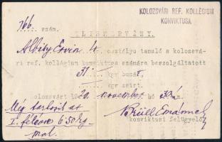 1920 A kolozsvári (Erdély) református kollégium konviktusának elismervénye 31 kg búza tandíjként történő beszolgáltatásáról és a még hátralévő részről, magyar nyelven