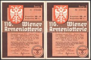 1939 116. Wiener Armenlotterie kétlapos (A-B Serie) sorsjegye pecsételve, a hozzá tartozó nyereménylistával, jó állapotban