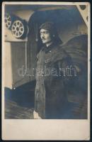 1917 A Cs. és Kir. Haditengerészet SMS Prinz Eugen csatahajójának matróza a hajó gépházában, megírt és futott fotólap, a hajó nevével ellátott cenzúra bélyegzéssel, 14x9 cm