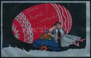 cca 1930 Art deco stílusú húsvéti üdvözlet alumínium lapon, jó állapotban, 9×14,5 cm