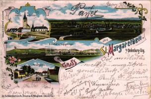 1905 Szentmargitbánya, Szent-Margit, Sankt Margarethen im Burgenland; Kirche und Schule, Bahnhof und Koglgebirge, St. Margarethen, Hauptgasse / templom és iskola, vasútállomás, kőbánya, látkép, Fő utca / church, school, railway station, quarry, mine, general view, main street. A. Schwidernoch Art Nouveau, floral, litho (EK)