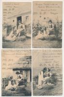 4 db RÉGI (1905 előtti) romantikus motívum képeslap egy levelezésből: szerelmes páros udvarlós sorozat / 4 pre-1905 romantic motive postcards from the same correspondance: couples in love series (Fec. Ch. Scolik)
