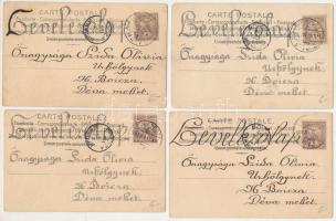 4 db RÉGI (1905 előtti) romantikus motívum képeslap egy levelezésből: szerelmes páros udvarlós soroz...
