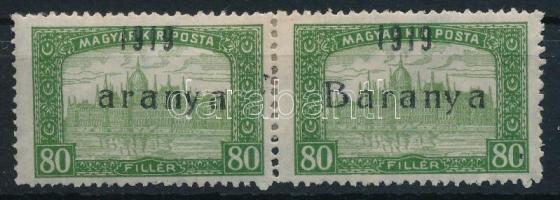 Baranya I. 1919 Parlament 80f pár, a bal oldali bélyegen "aranya" tévnyomattal, Bodor vizsgálójellel