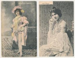 2 db RÉGI (1905 előtti) magyar színésznő képeslap: Verő Margit és Hidvéghy Margit
