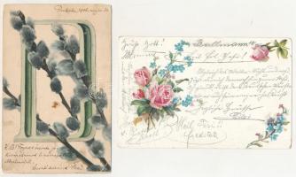 4 db RÉGI (1905 előtti) litho művészlap: virágok / 4 pre-1905 litho art postcards: flowers
