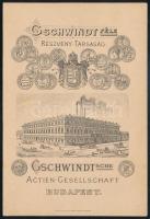 cca 1880 A Gschwindt-féle Szeszgyár Rt. két kartonlapos négy oldalas árlistája a budapesti és a francia gyár konyakjairól, címoldalán a budapesti gyár fametszetes dekoratív képével, szép állapotban