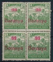 Baranya 1919 Arató 5f 4-es tömb, az felső két bélyeg antikva számokkal, Bodor vizsgálójellel