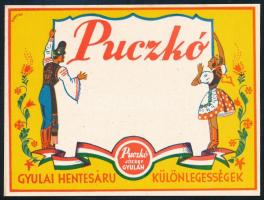 cca 1930 Puczkó József gyulai hentesáru különlegességek gyártója art deco stílusú dekoratív reklámkartonja, szign. Barcza, szép állapotban, 8,5×11,5 cm