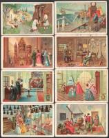 cca 1900 Az óratípusok fejlődése a középkortól, a Franck kávépótló litografált reklámlapjai, hátoldalon leírással, 8 db, jó állapotban