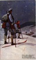 1916 Hóban, éjben, messzi távol... Osztrák-magyar katonák sílécen, A Szent István Társulat háborús képeskártyáinak karácsonyi sorozata / WWI K.u.K. military, soldiers on ski (EK)