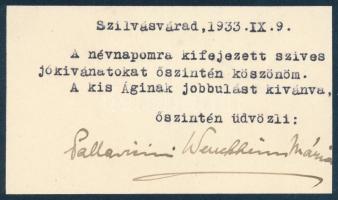 1933 Pallavicini Wenckheim Mária (1898-1977) grófnő névnapi üdvözlet köszönő gépelt sorai saját kezű aláírásával