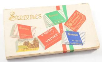 cca 1965 Szerencs dekoratív csokoládés doboz 3 kis csokis papírral, jó állapotban, 8,5×15 cm