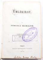 Jósika Miklós: Emlékirat I-IV. köt. [Két kötetbe kötve.] Bp., 1865, Heckenast Gusztáv, 10+168+4+218+4 p.; 10+207+1;+4+166+4 p. 1. kiadás. Átkötött félvászon-kötés, kopott borítóval, a gerincen címkékkel, a második kötet gerincén sérüléssel, régi bélyegzésekkel, névbejegyzésekkel, az I. kötet körbevágott, kissé foxing foltos lapokkal. Ritka!