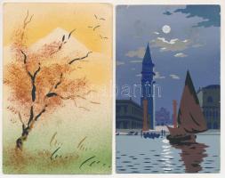 4 db RÉGI kézzel festett képeslap vegyes minőségben / 4 pre-1945 hand-painted postcards in mixed qua...