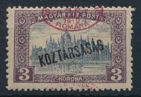 Debrecen I. 1919 Parlament/Köztársaság 3K nagyon látványosan elcsúszott felülnyomással, az alsó felülnyomás sokkal halványabb! Bodor vizsgálójellel
