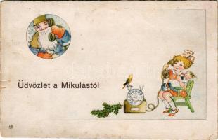 1940 Üdvözlet a Mikulástól! Telefonbeszélgetés / Saint Nicholas is on the phone with a little girl (szakadás / tear)