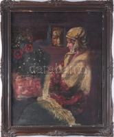 Jelzés nélkül: Nő a tükör előtt. Olaj, vászon, sérült, sérült keretben. 68x55 cm