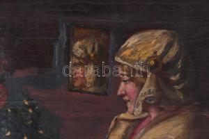 Jelzés nélkül: Nő a tükör előtt. Olaj, vászon, sérült, sérült keretben. 68x55 cm