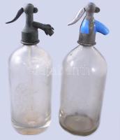 cca 1940 2 darab antik szódás üveg, Bárdos Dezsőné Szikvízgyára Tatabánya, sasfejes fejjel + felirat nélküli szódásüveg kék porcelánbetétes fejjel.