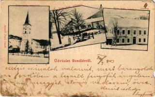 1903 Svedlér, Schwedler, Svedlár (Szepes, Zips); Római katolikus templom, plébánia és iskola télen. Szlovik Jenő kiadása / Catholic church, parish and school. Art Nouveau (b)