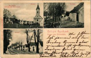 1909 Szarvkő, Hornstein; St.-Stefan Milleniums-Monument, Kirche, Graben, Kurial / Szent István Millenniumi emlékmű, templom, utca, Fieber üzlete. Márold kiadása / monument, church, street view, shop (fa)