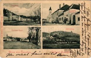 1908 Szarvkő, Hornstein; Pfarrhaus, Handlung Márold, Gasthaus Bauer, Schlossberg u. Friedhof / Plébánia, Bauer vendéglője, várrom, temető, templom, Márold üzlete és saját kiadása / parish, inn, castle ruins, cemetery, church, publisher's shop (fa)