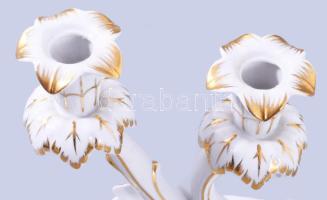 Hollóházi kétágú gyertyatartó, jelzett, hibátlan, m: 16 cm