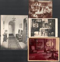 Régi szobabelsők, enteriőrök, 4 db fotó, sérülésekkel, 9×13 és 16×12 cm közötti méretekben